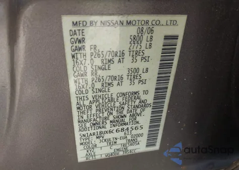 2006 Nissan Pathfinder Se from USA, damaged, VIN 5N1AR18UX6C684565